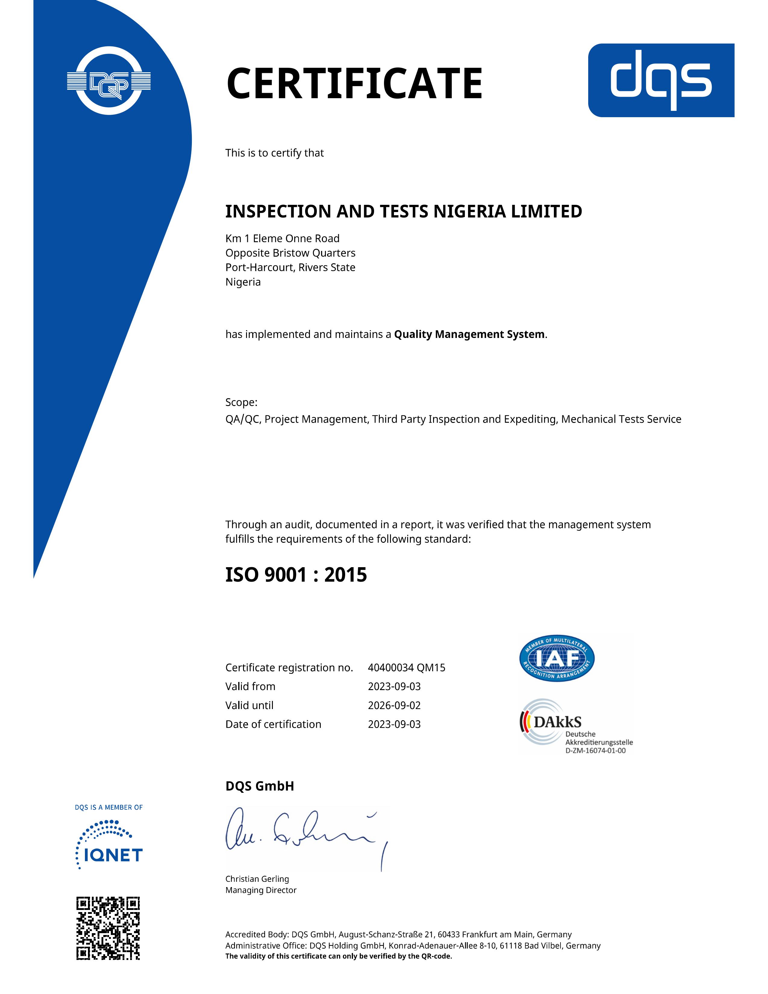 ISO certification for Inspection and Tests Nigeria Limited