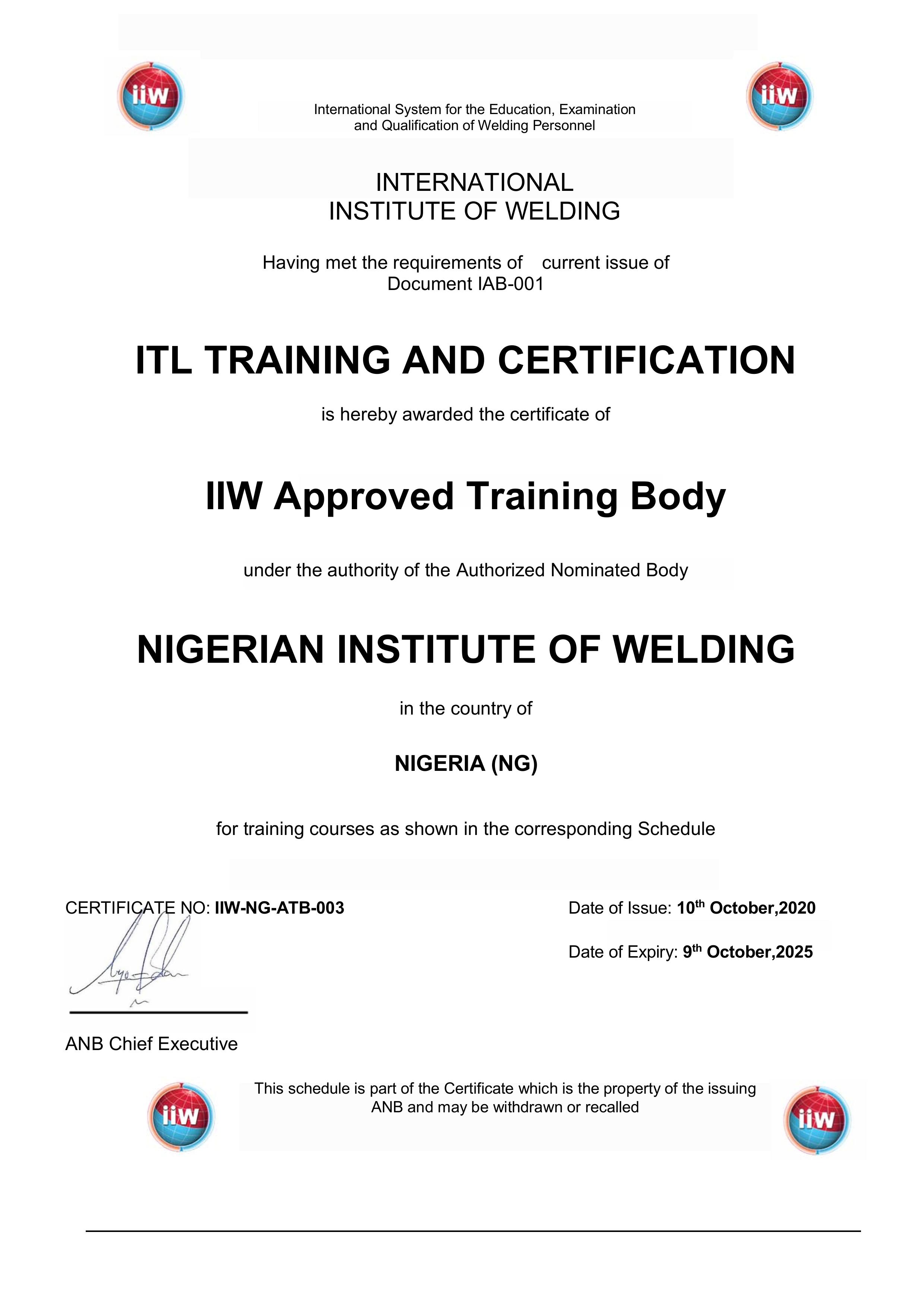ITL approved training body certificate